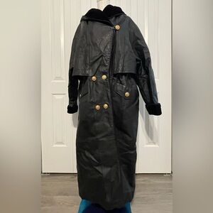 MIDDLEBROOK PARK Black Velvet Trim Hooded Trench Coat with Gold Buttons, Size L